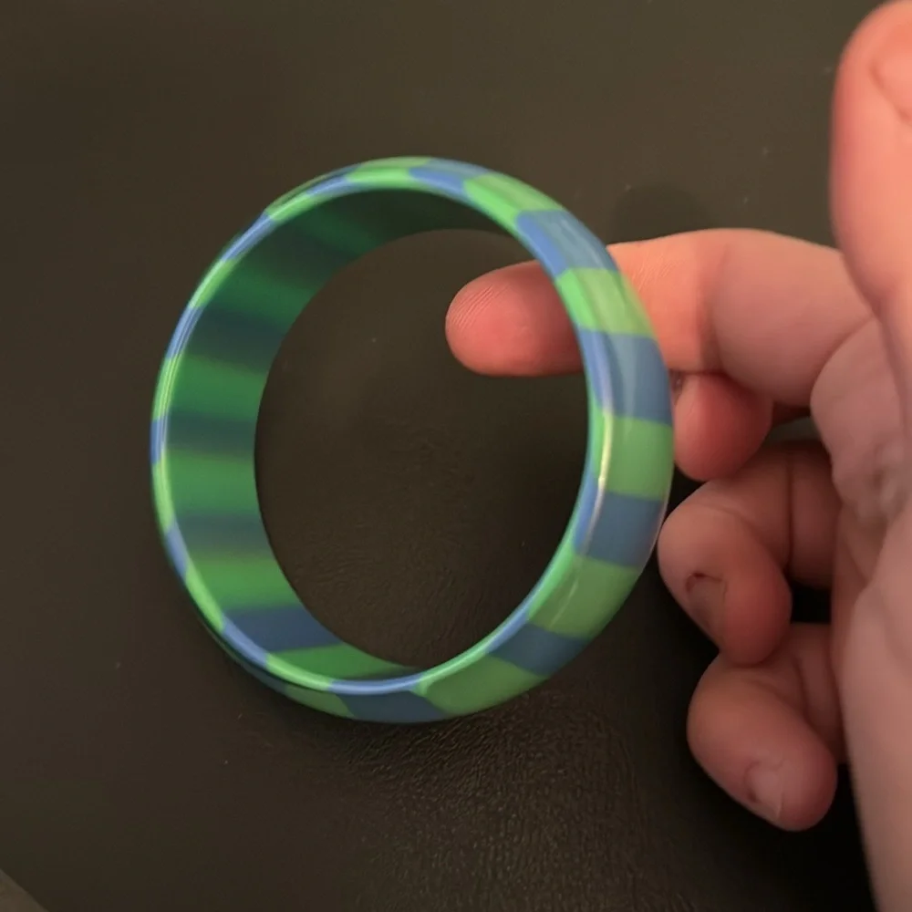 Vintage Plastic Bangle Bracelet, Green, Blue, Striped, Retro, Boho